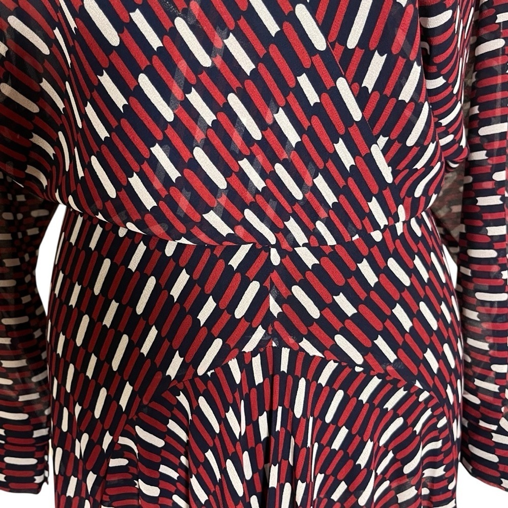 Maje Blue White Red Print Sheer Faux Wrap Raglan Sleeve Dress — 2 (Medium) - Picture 9 of 16